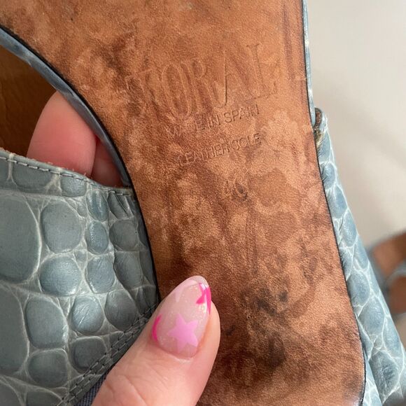 TORAL Animal Print Croc Embossed Leather T Bar Heeled Sandals Blue 40 - Picture 9 of 11